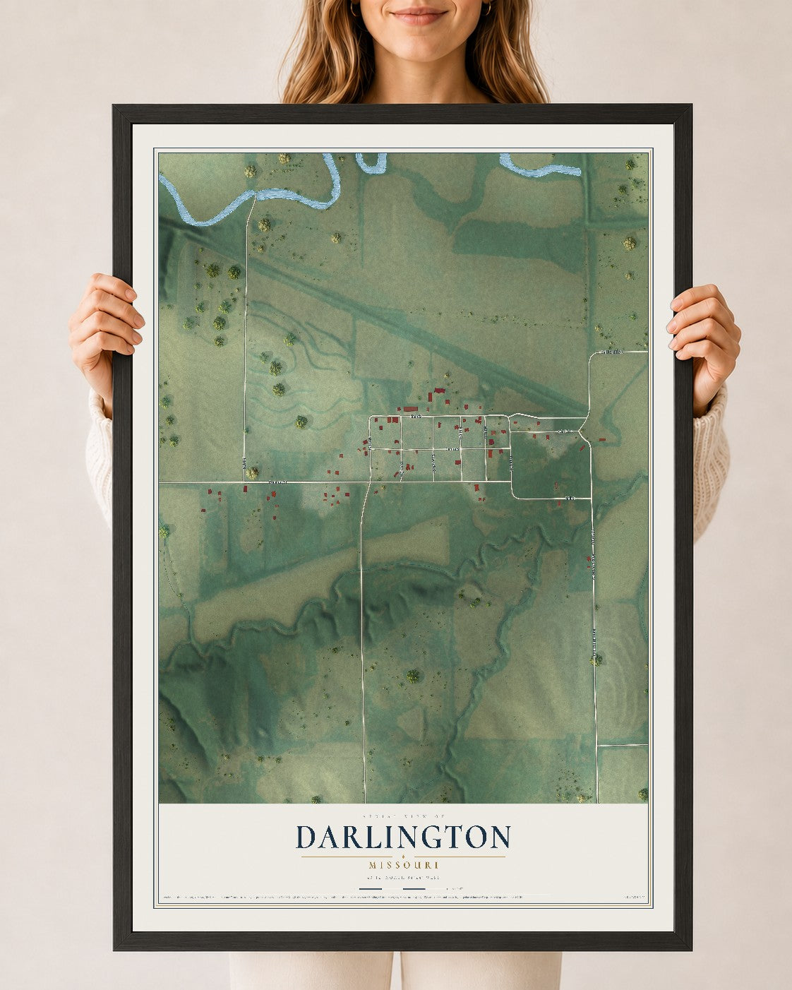 Map of Darlington, Missouri, 24 x 36 inch print in a black wood frame
