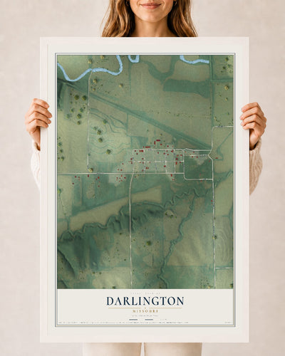 Map of Darlington, Missouri, 24 x 36 inch print in a white wood frame