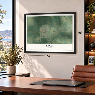 Dawn, Missouri map, 18 x 24 inch print in a black frame in a home office