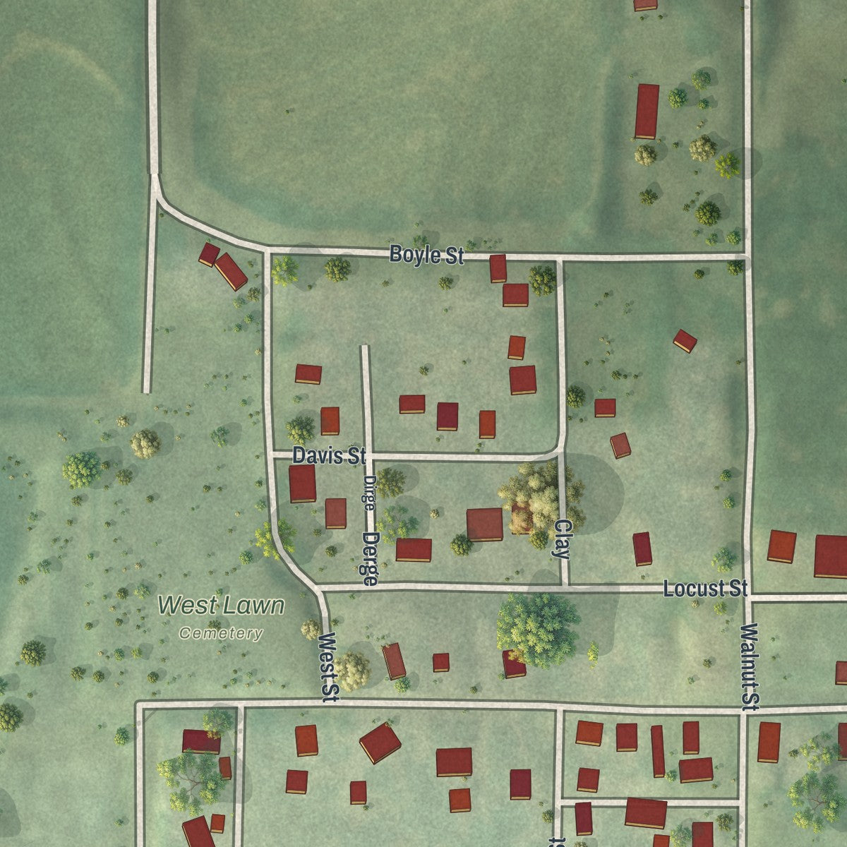 Close-up of the map of De Kalb, Missouri print showing street and building detail