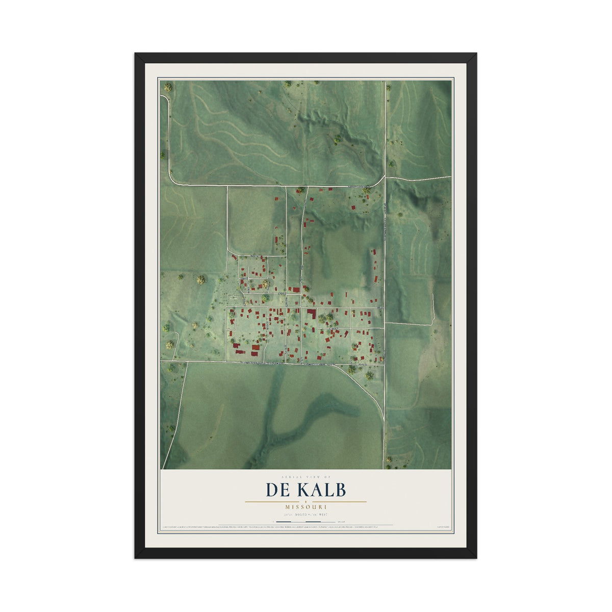 Map of De Kalb, Missouri, 12 x 18 inch print in a black wood frame