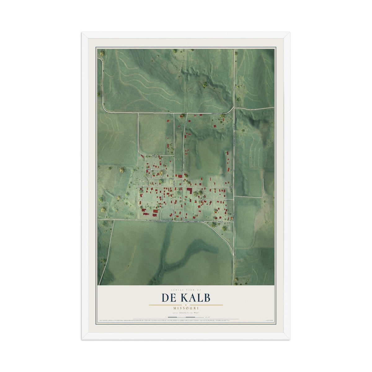 Map of De Kalb, Missouri, 12 x 18 inch print in a white wood frame