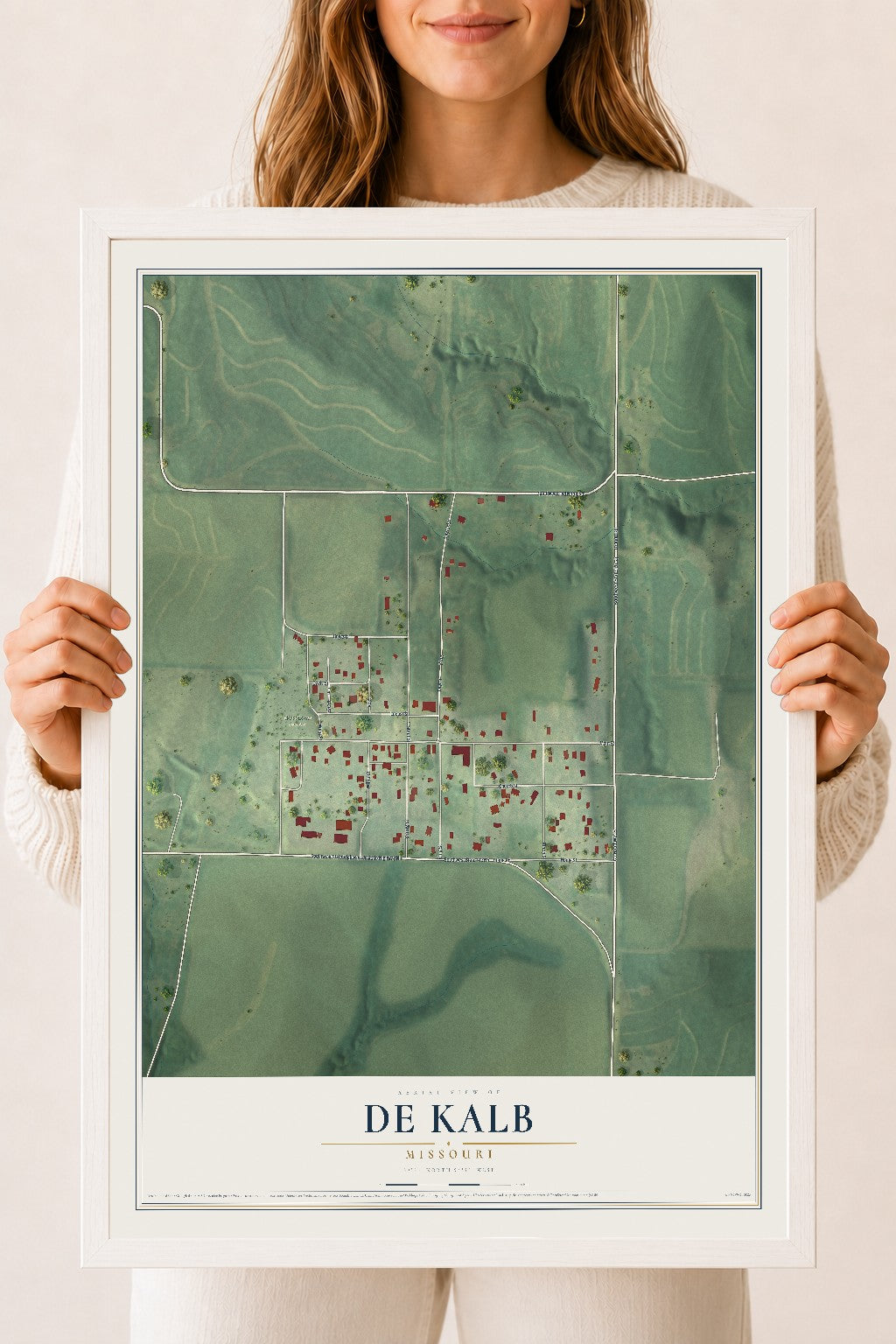 Map of De Kalb, Missouri, 18 x 24 inch print in a white wood frame