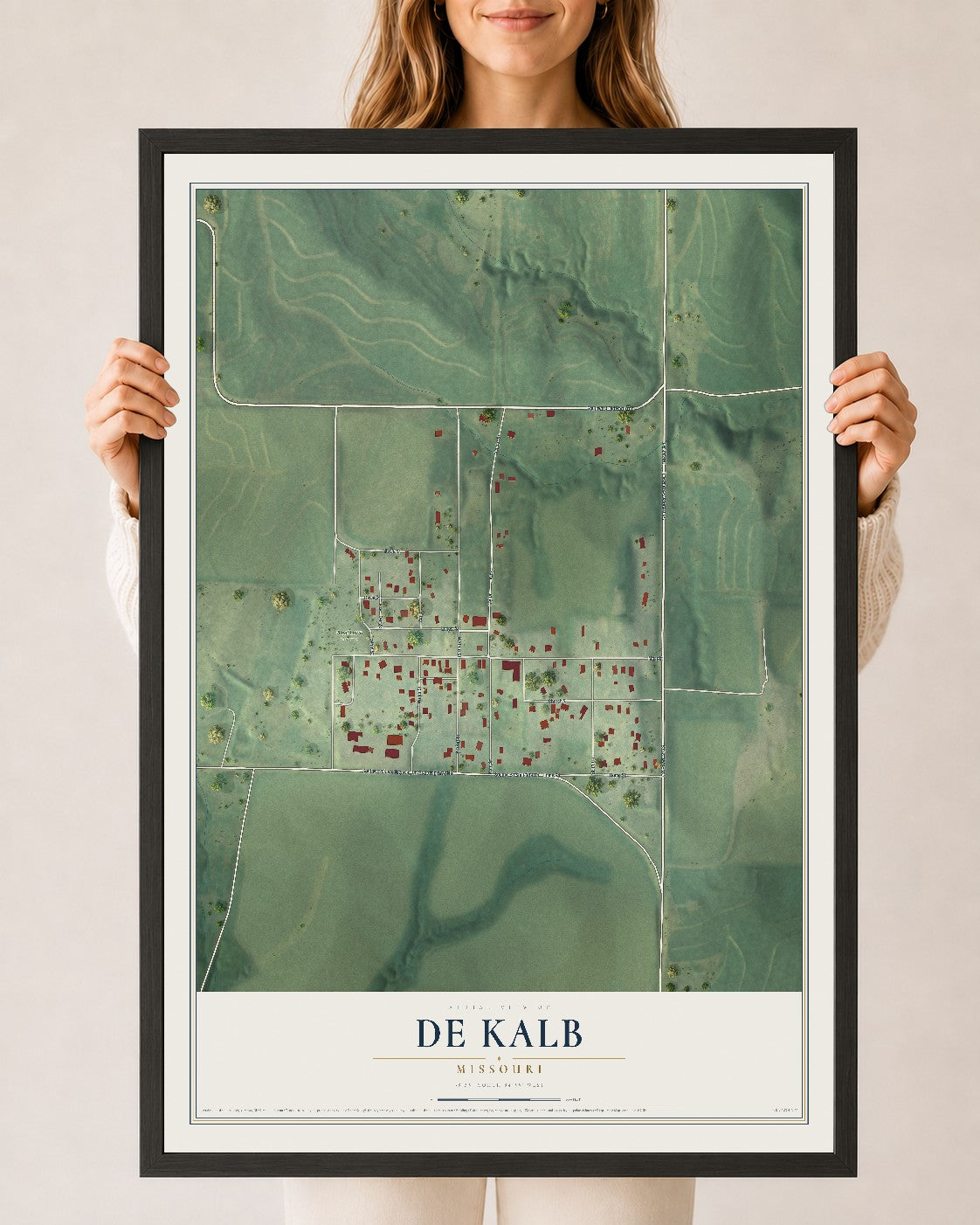 Map of De Kalb, Missouri, 24 x 36 inch print in a black wood frame