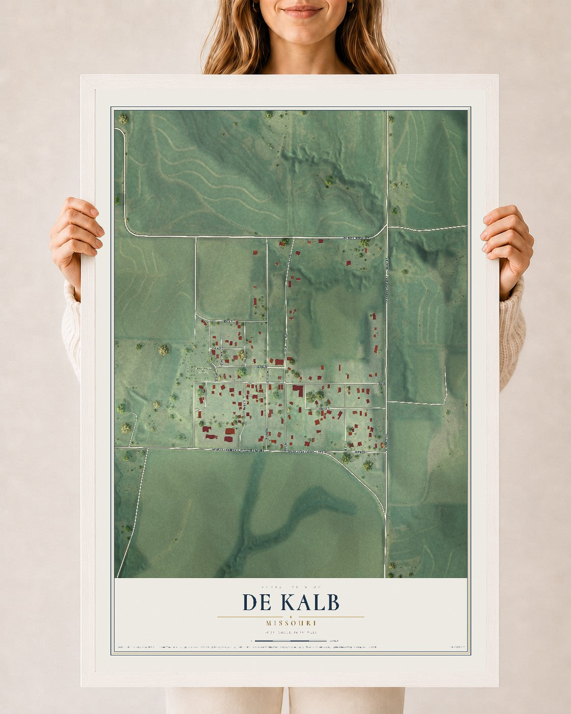 Map of De Kalb, Missouri, 24 x 36 inch print in a white wood frame