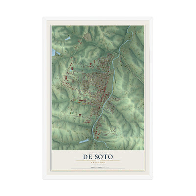 Map of De Soto, Missouri, 12 x 18 inch print in a white wood frame