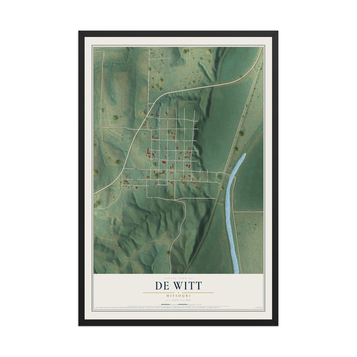 Map of De Witt, Missouri, 12 x 18 inch print in a black wood frame