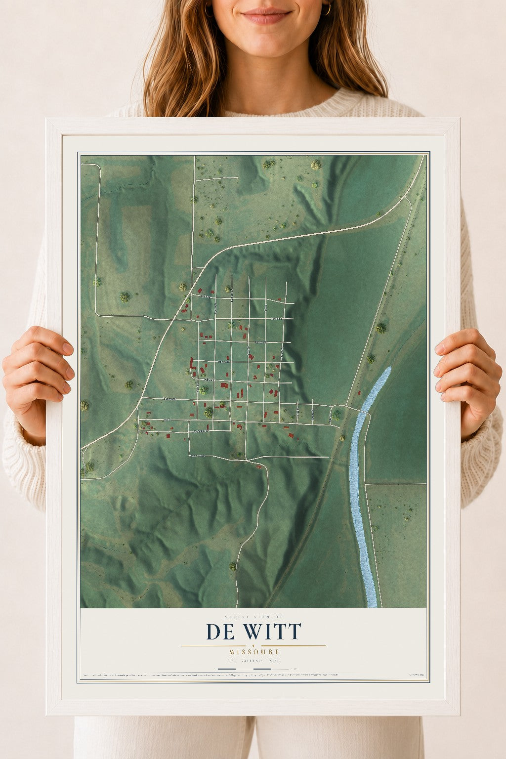 Map of De Witt, Missouri, 18 x 24 inch print in a white wood frame