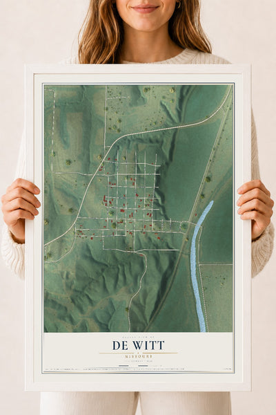 Map of De Witt, Missouri, 18 x 24 inch print in a white wood frame