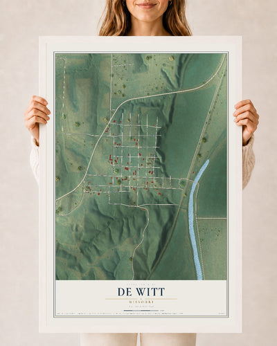 Map of De Witt, Missouri, 24 x 36 inch print in a white wood frame