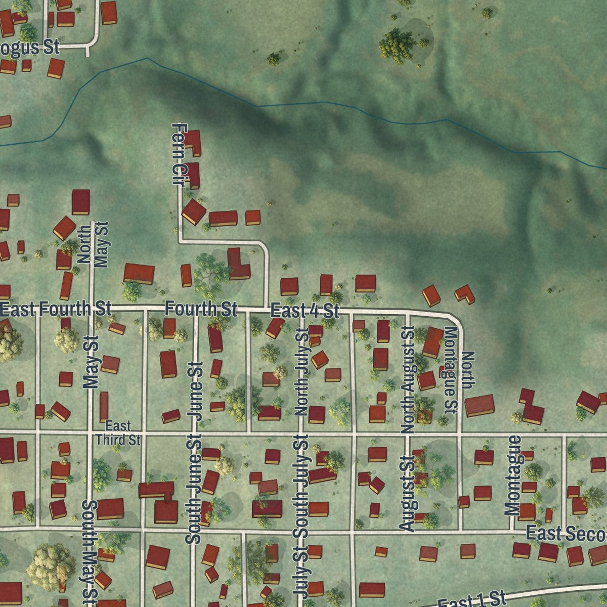 Close-up of the map of Dearborn, Missouri print showing street and building detail