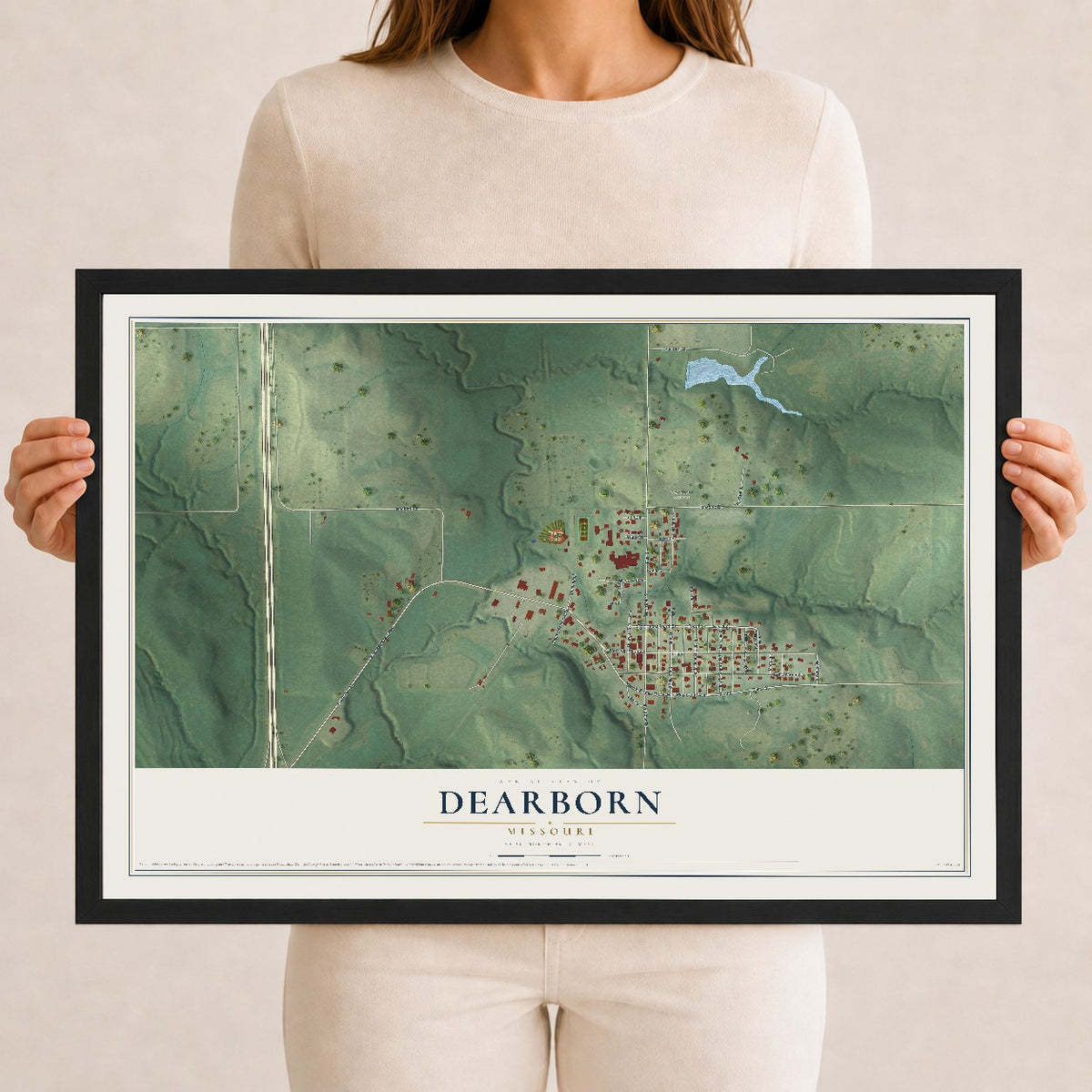 Map of Dearborn, Missouri, 12 x 18 inch print in a black wood frame