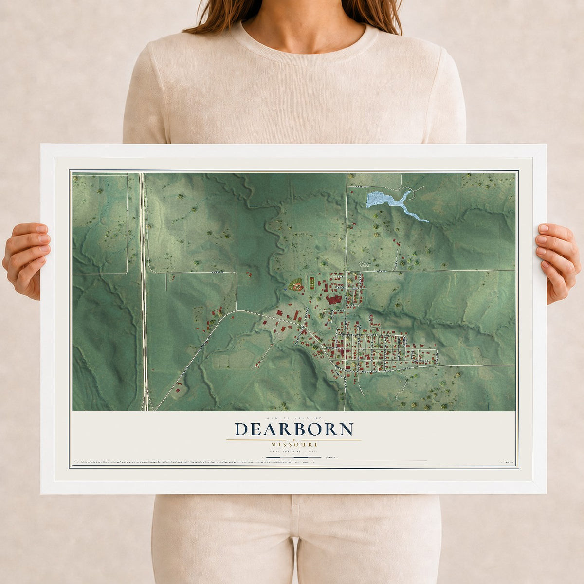 Map of Dearborn, Missouri, 12 x 18 inch print in a white wood frame