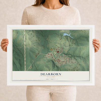 Map of Dearborn, Missouri, 12 x 18 inch print in a white wood frame