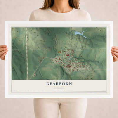 Map of Dearborn, Missouri, 18 x 24 inch print in a white wood frame