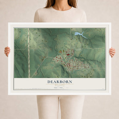 Map of Dearborn, Missouri, 24 x 36 inch print in a white wood frame