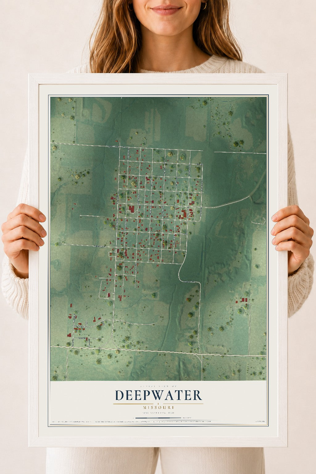 Map of Deepwater, Missouri, 18 x 24 inch print in a white wood frame