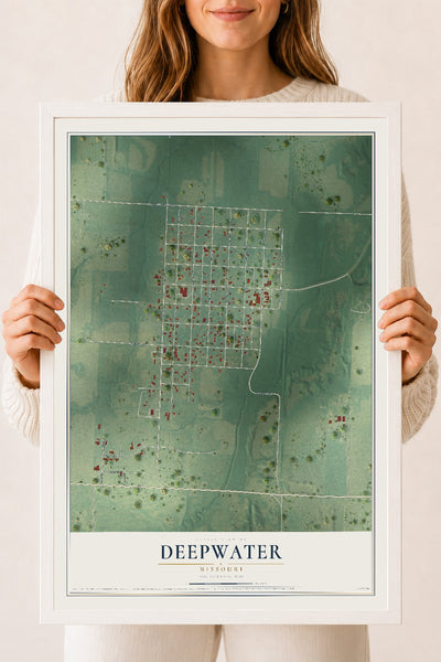 Map of Deepwater, Missouri, 18 x 24 inch print in a white wood frame