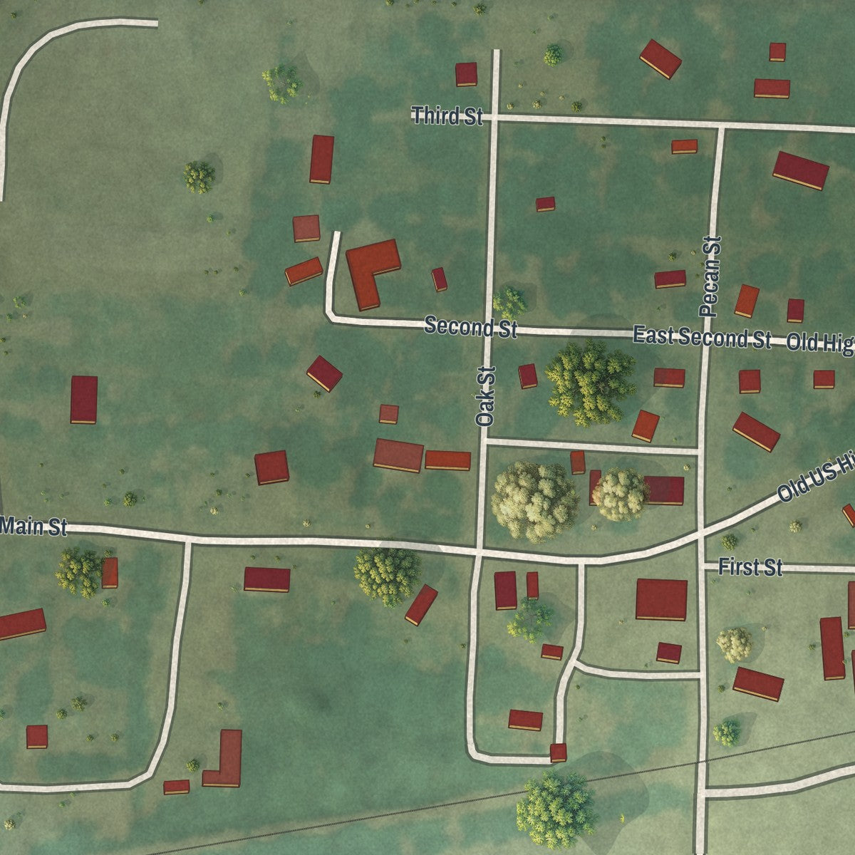 Close-up of the map of Deerfield, Missouri print showing street and building detail