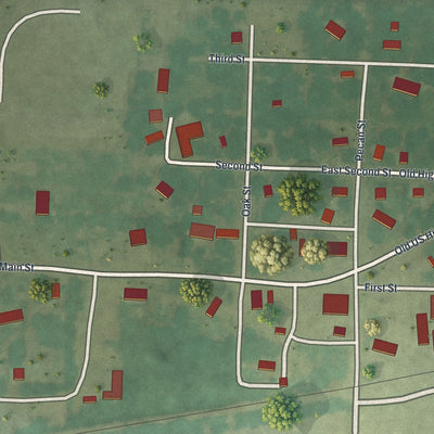 Close-up of the map of Deerfield, Missouri print showing street and building detail