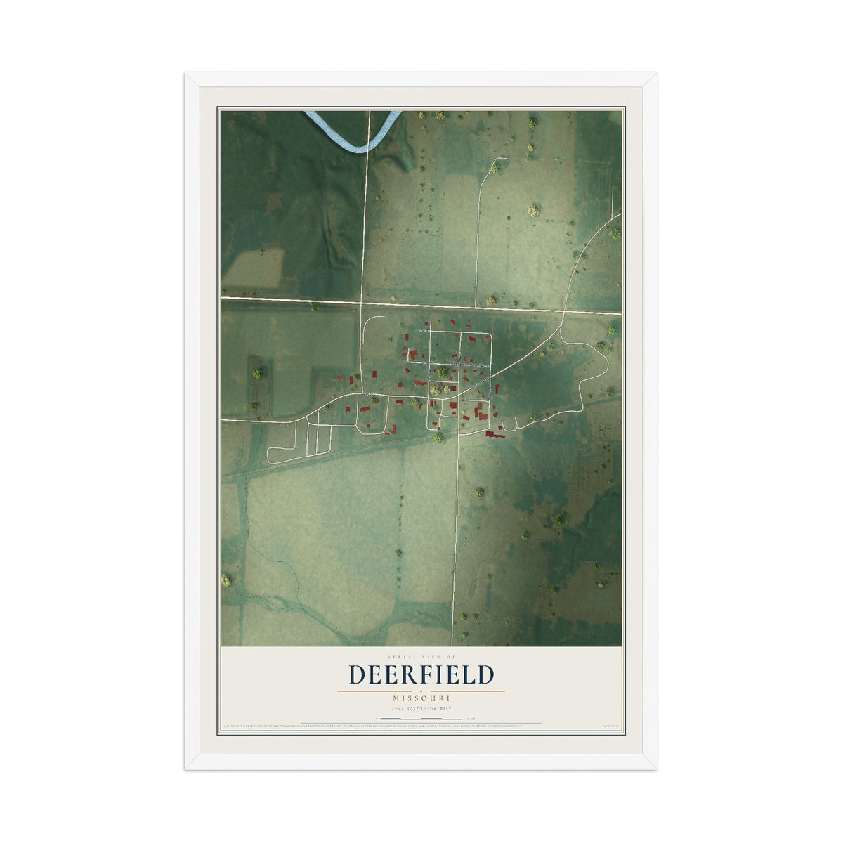 Map of Deerfield, Missouri, 12 x 18 inch print in a white wood frame