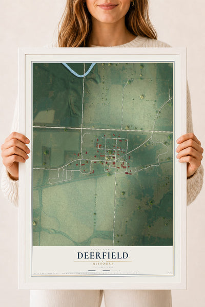 Map of Deerfield, Missouri, 18 x 24 inch print in a white wood frame