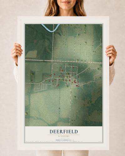 Map of Deerfield, Missouri, 24 x 36 inch print in a white wood frame