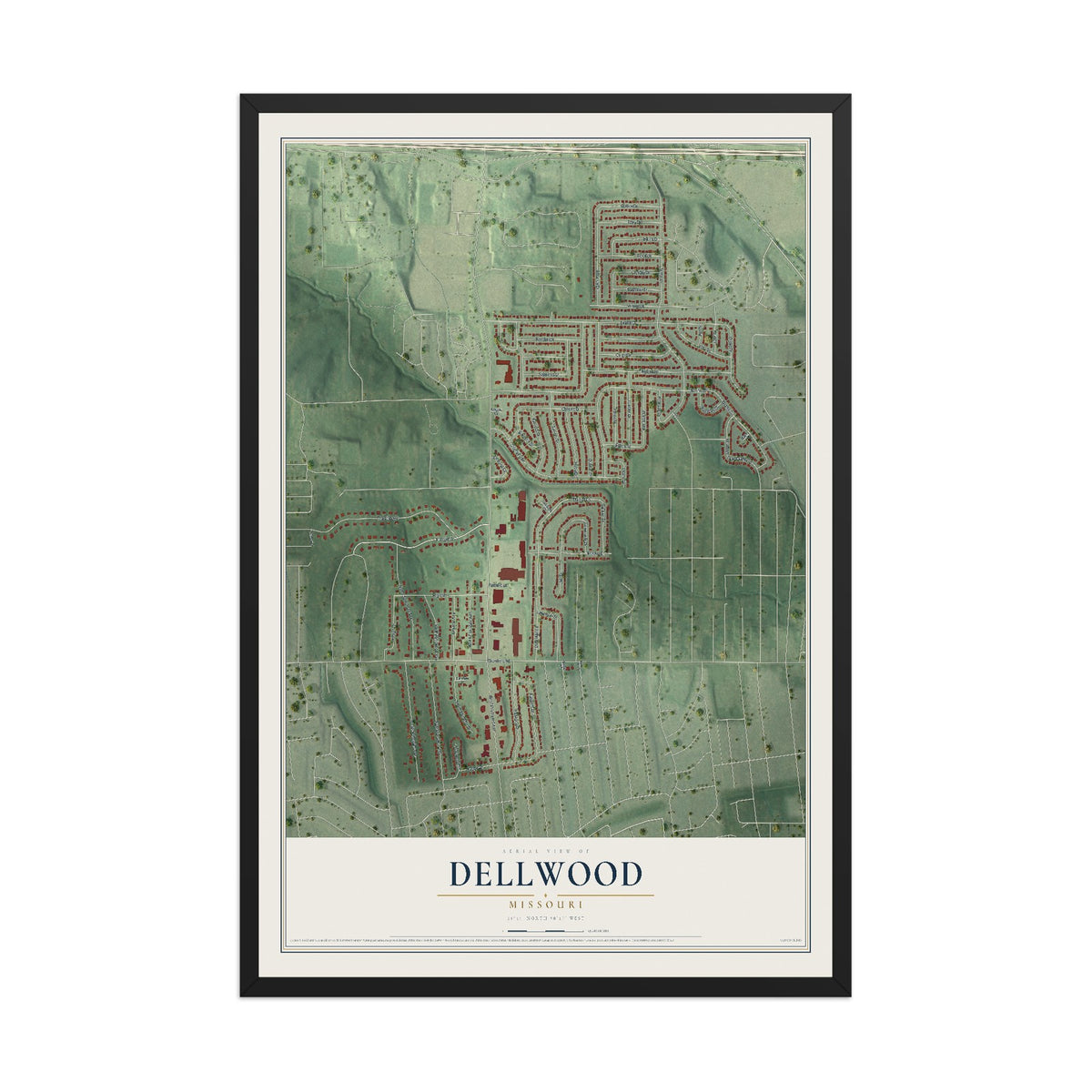 Map of Dellwood, Missouri, 12 x 18 inch print in a black wood frame