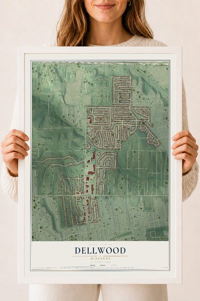 Map of Dellwood, Missouri, 18 x 24 inch print in a white wood frame
