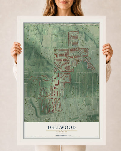 Map of Dellwood, Missouri, 24 x 36 inch print in a white wood frame