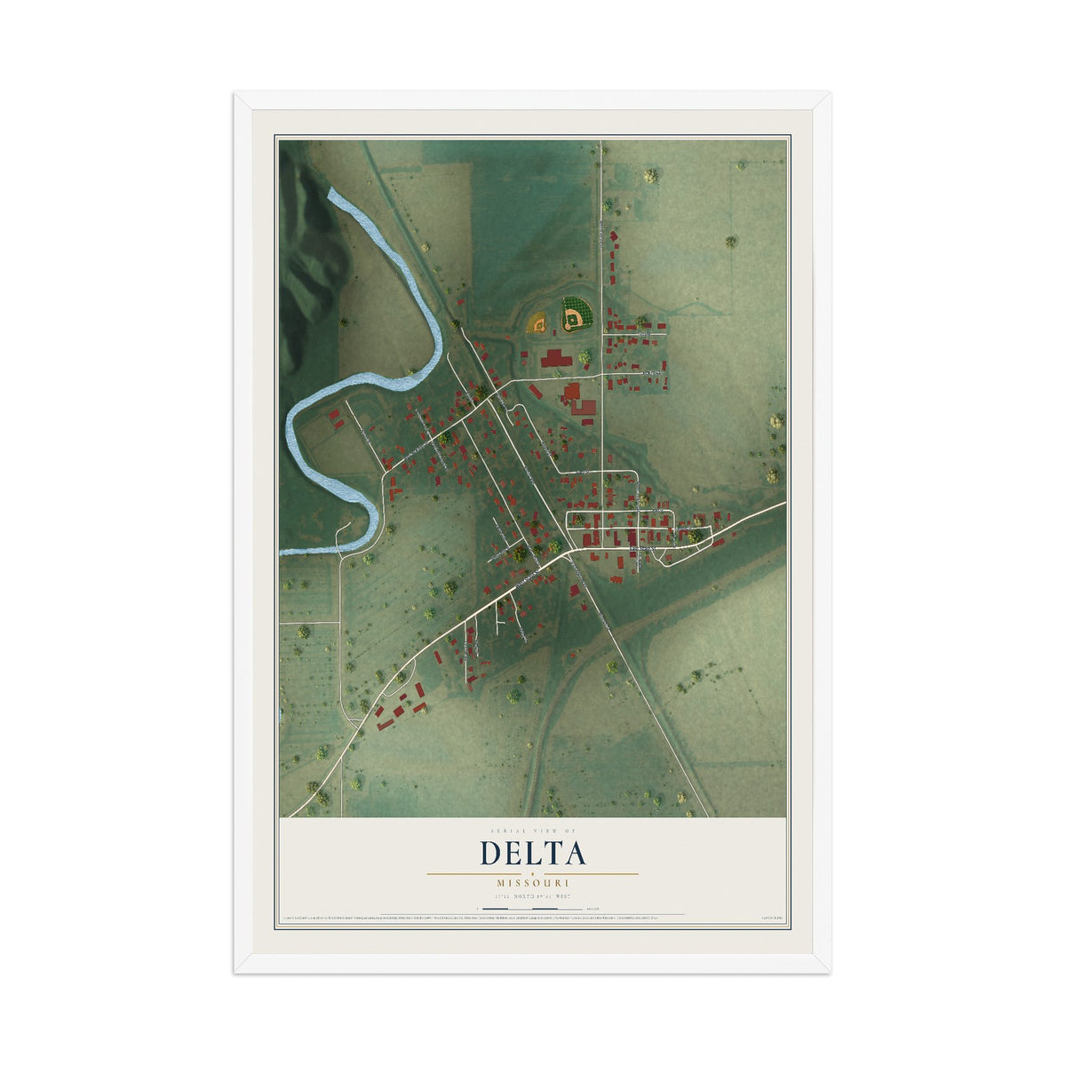 Map of Delta, Missouri, 12 x 18 inch print in a white wood frame