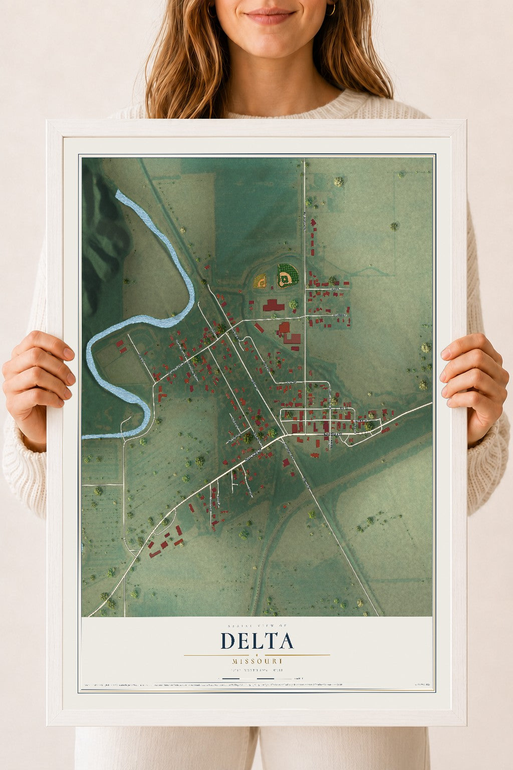 Map of Delta, Missouri, 18 x 24 inch print in a white wood frame