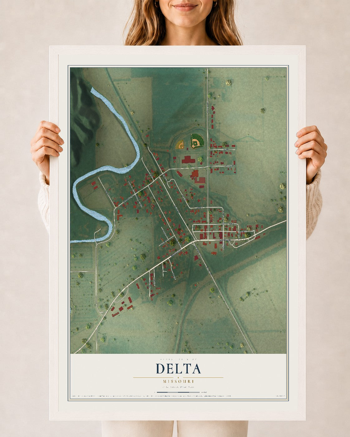 Map of Delta, Missouri, 24 x 36 inch print in a white wood frame