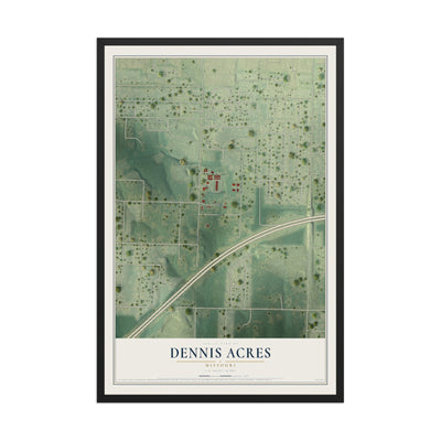 Map of Dennis Acres, Missouri, 12 x 18 inch print in a black wood frame