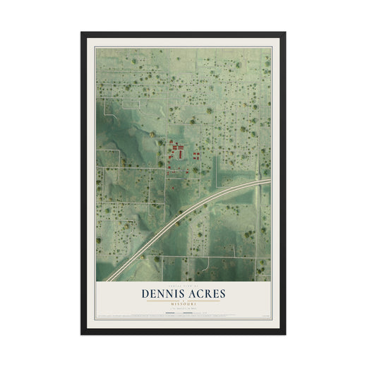 Map of Dennis Acres, Missouri, 12 x 18 inch print in a black wood frame