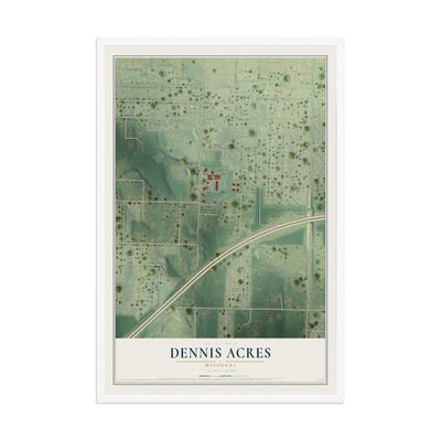 Map of Dennis Acres, Missouri, 12 x 18 inch print in a white wood frame