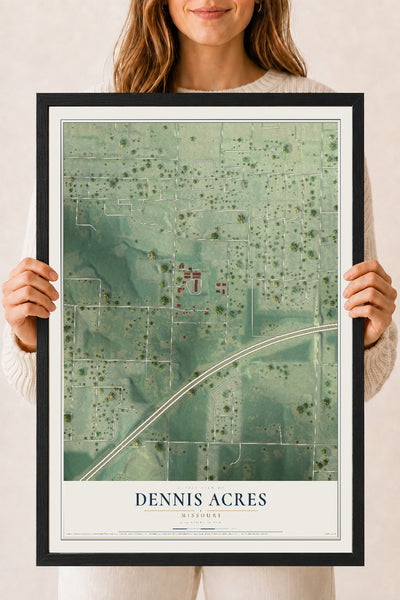 Map of Dennis Acres, Missouri, 18 x 24 inch print in a black wood frame