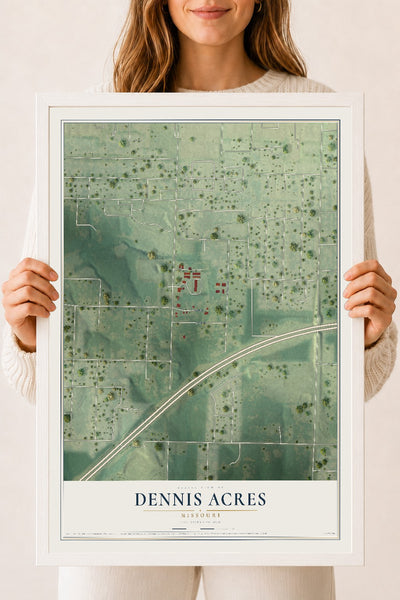 Map of Dennis Acres, Missouri, 18 x 24 inch print in a white wood frame