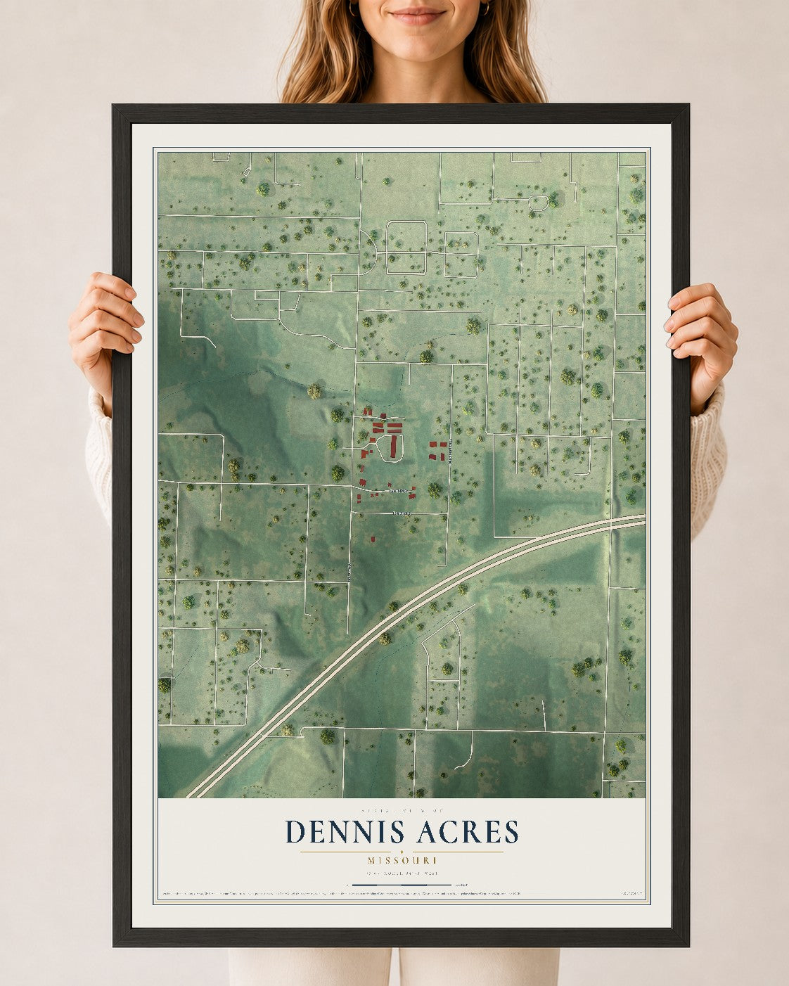 Map of Dennis Acres, Missouri, 24 x 36 inch print in a black wood frame