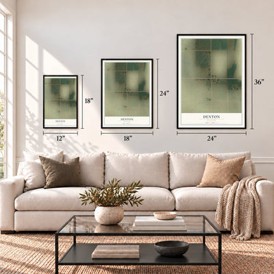 Denton, Missouri map in 12 x 18, 18 x 24 and 24 x 36 inch sizes above a sofa