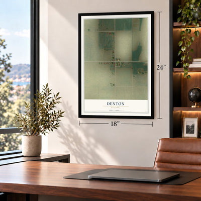 Denton, Missouri map, 18 x 24 inch print in a black frame in a home office