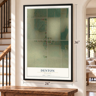 Denton, Missouri map, 24 x 36 inch print in a black frame by a staircase