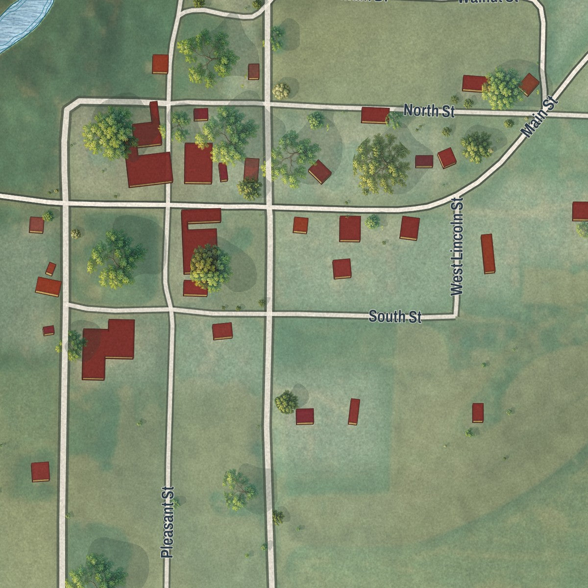 Close-up of the map of Denver, Missouri print showing street and building detail