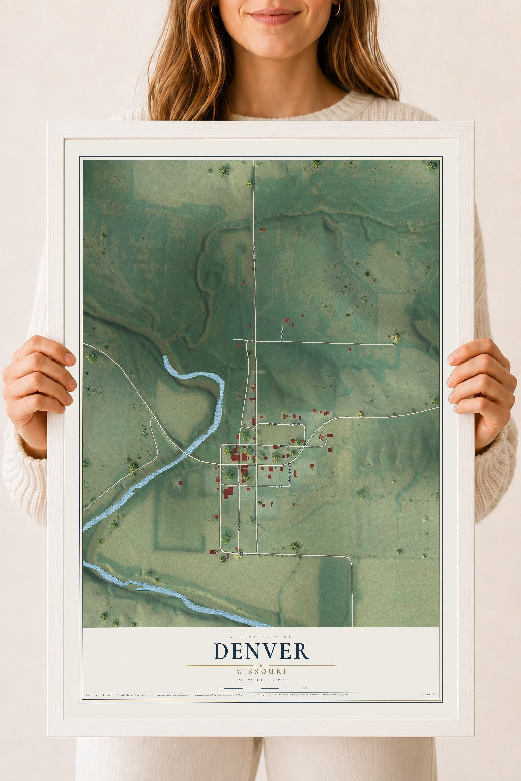 Map of Denver, Missouri, 18 x 24 inch print in a white wood frame