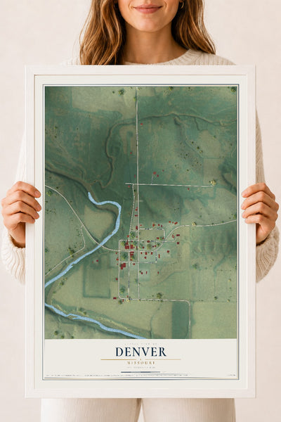 Map of Denver, Missouri, 18 x 24 inch print in a white wood frame