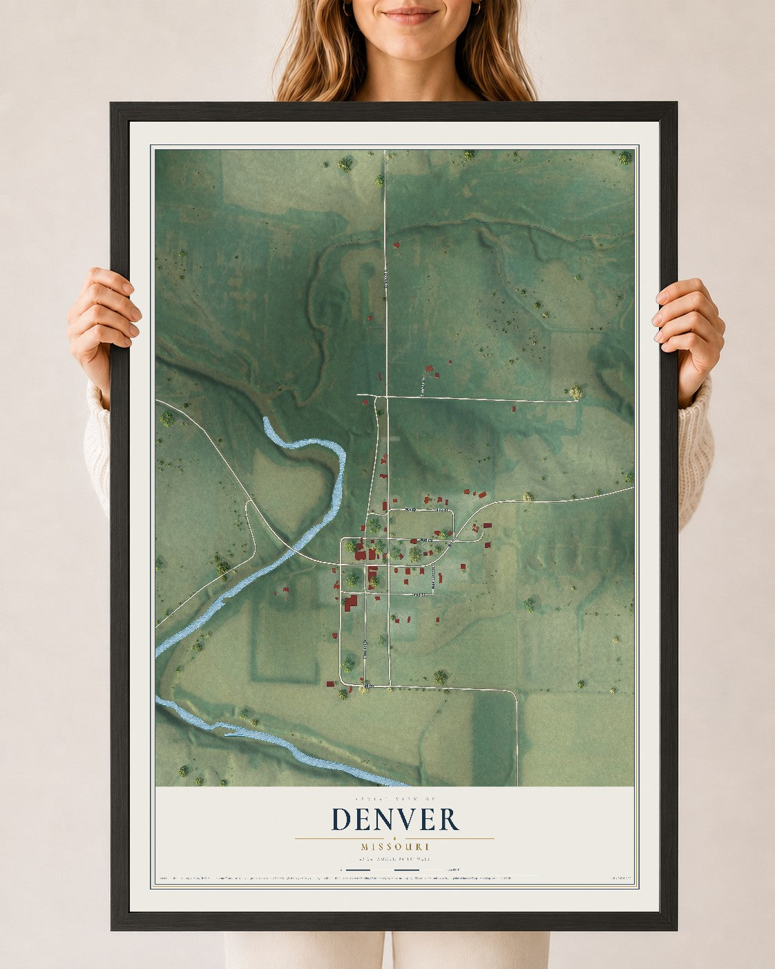 Map of Denver, Missouri, 24 x 36 inch print in a black wood frame