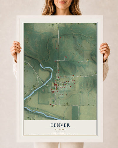 Map of Denver, Missouri, 24 x 36 inch print in a white wood frame
