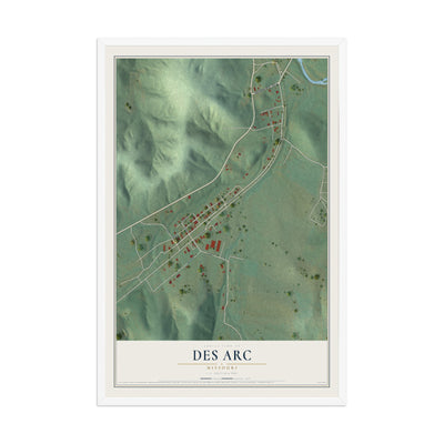 Map of Des Arc, Missouri, 12 x 18 inch print in a white wood frame