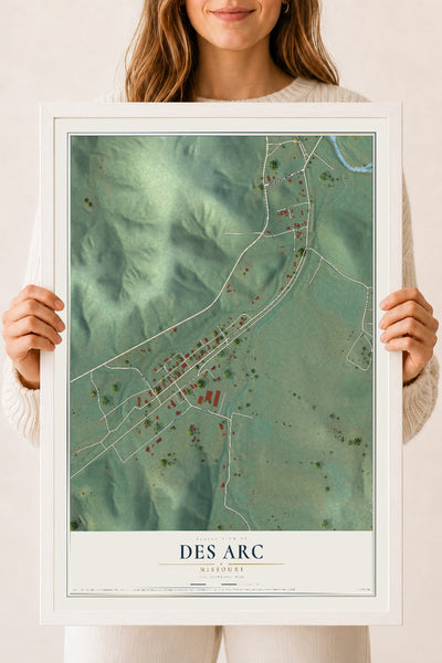 Map of Des Arc, Missouri, 18 x 24 inch print in a white wood frame