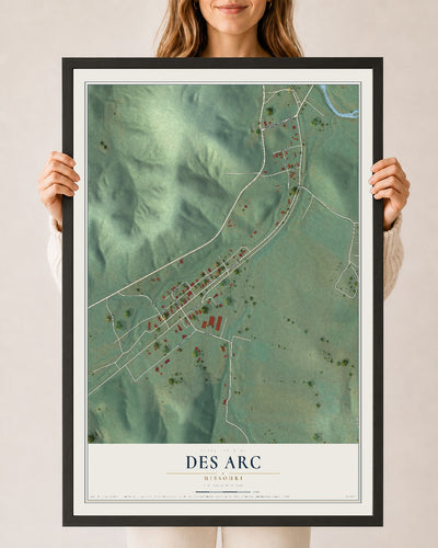 Map of Des Arc, Missouri, 24 x 36 inch print in a black wood frame